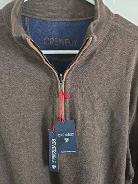 Cremeux Men’s Lg Reversible 1/4 Zip Sweater Brown Elbow Patches New With Tag 012